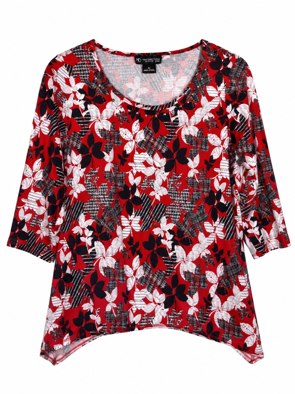 New Directions Petite Women’s PL Floral Print 3/4 Sleeve Handkerchief Hem Top